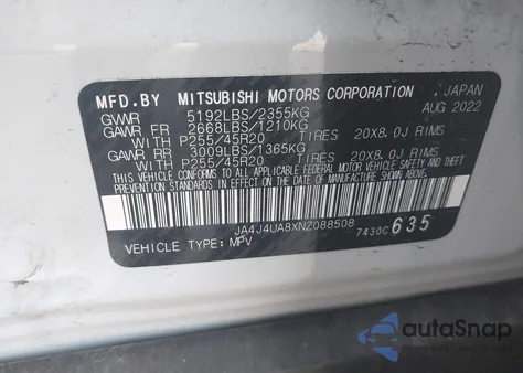 2022 Mitsubishi Outlander Black Edition S-Awc/Se 2.5 S-Awc/Se Launch Edition S-Awc из США, поврежденный, VIN JA4J4UA8XNZ088508